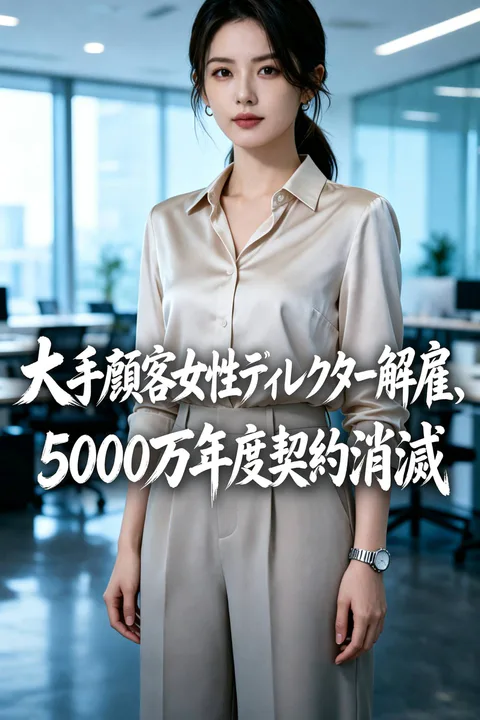 大手顧客女性ディレクター解雇、5000 万年度契約消滅のポスター