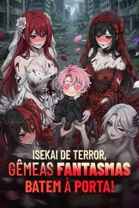Pôster de Isekai de terror, gêmeas fantasmas batem à porta