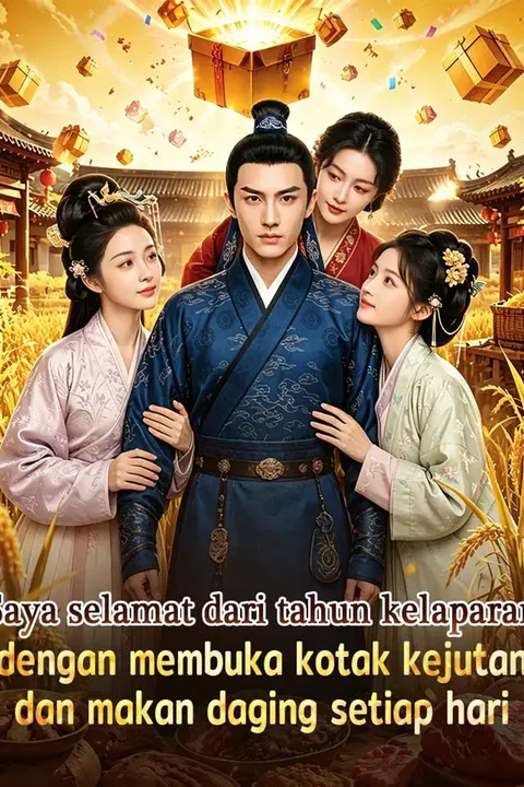 Poster Saya selamat dari tahun kelaparan, dengan membuka kotak kejutan dan makan daging setiap hari.